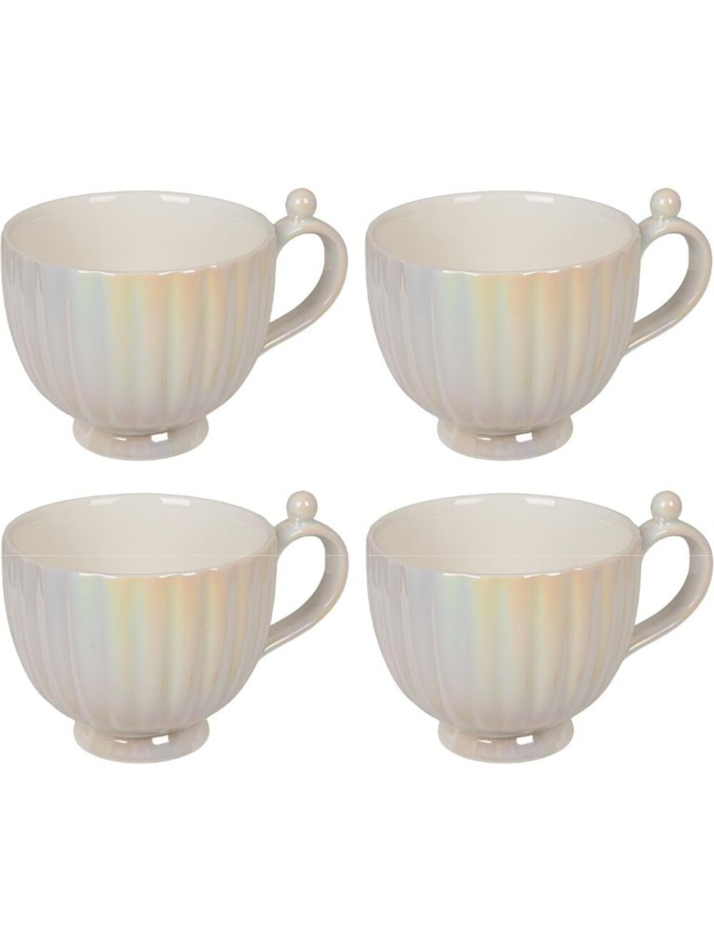 Set of 4 Fluted Stoneware Mugs - White Iridescent Finish, Stylish & Durable